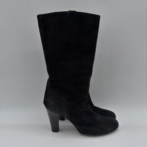 Poem Sz 39 Black Round Toe Suede Pull On Italy Mid Calf Length Elegant Boots